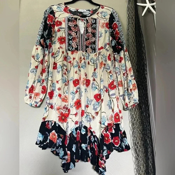 Patrons of Peace Floral Print Tunic Dress Size M Boho Long Sleeve Rayon - Picture 5 of 7